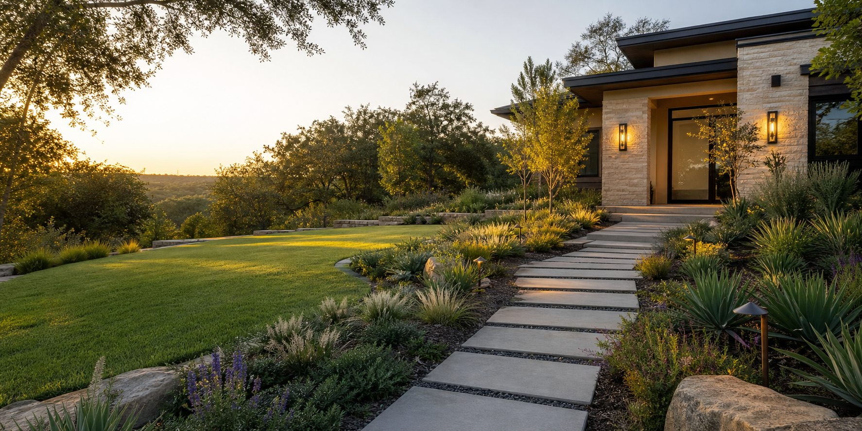 Modern front yard with stone path, layered planting, and warm landscape lighting