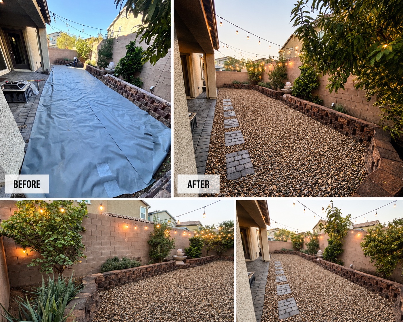 Before and after rock yard installation with stepping stones and landscape lighting