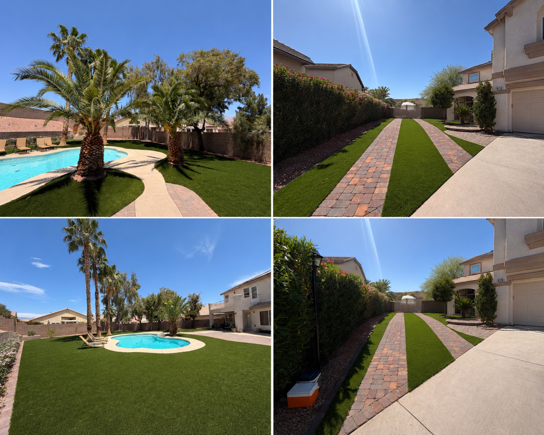 Four-photo collage of artificial grass installations around a pool, paver path, and Las Vegas backyard