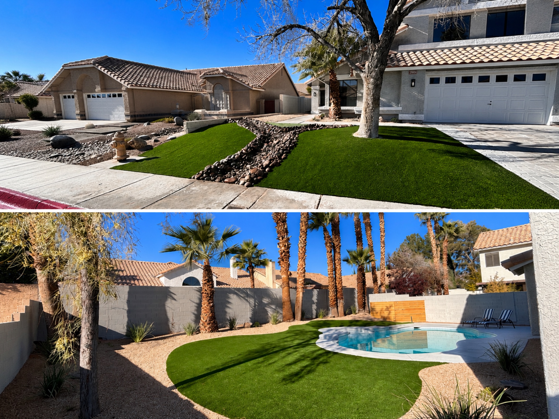 Two-photo collage showing front yard turf and backyard turf around a swimming pool