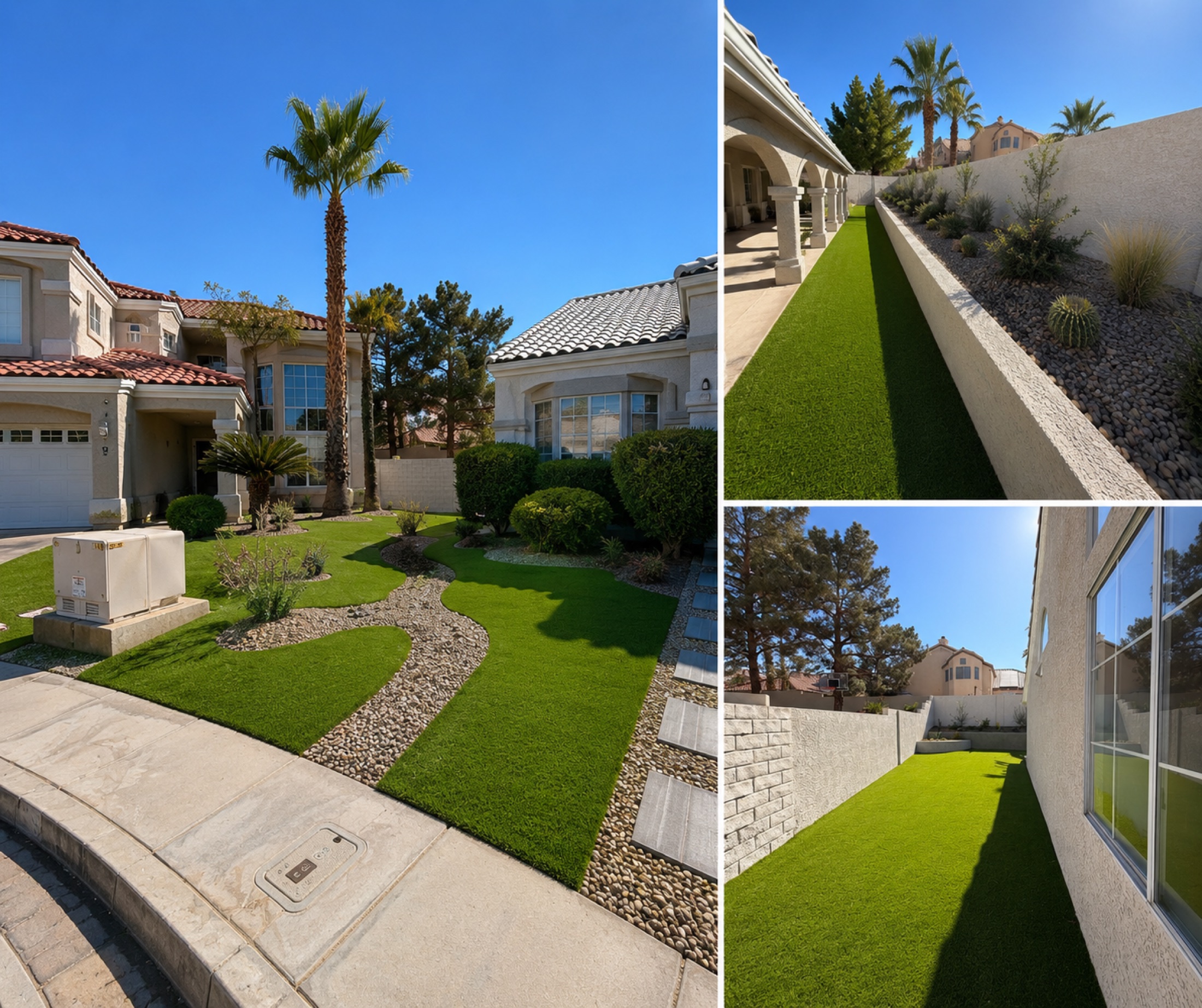 Three-photo collage of front yard and side yard artificial turf with desert rock beds