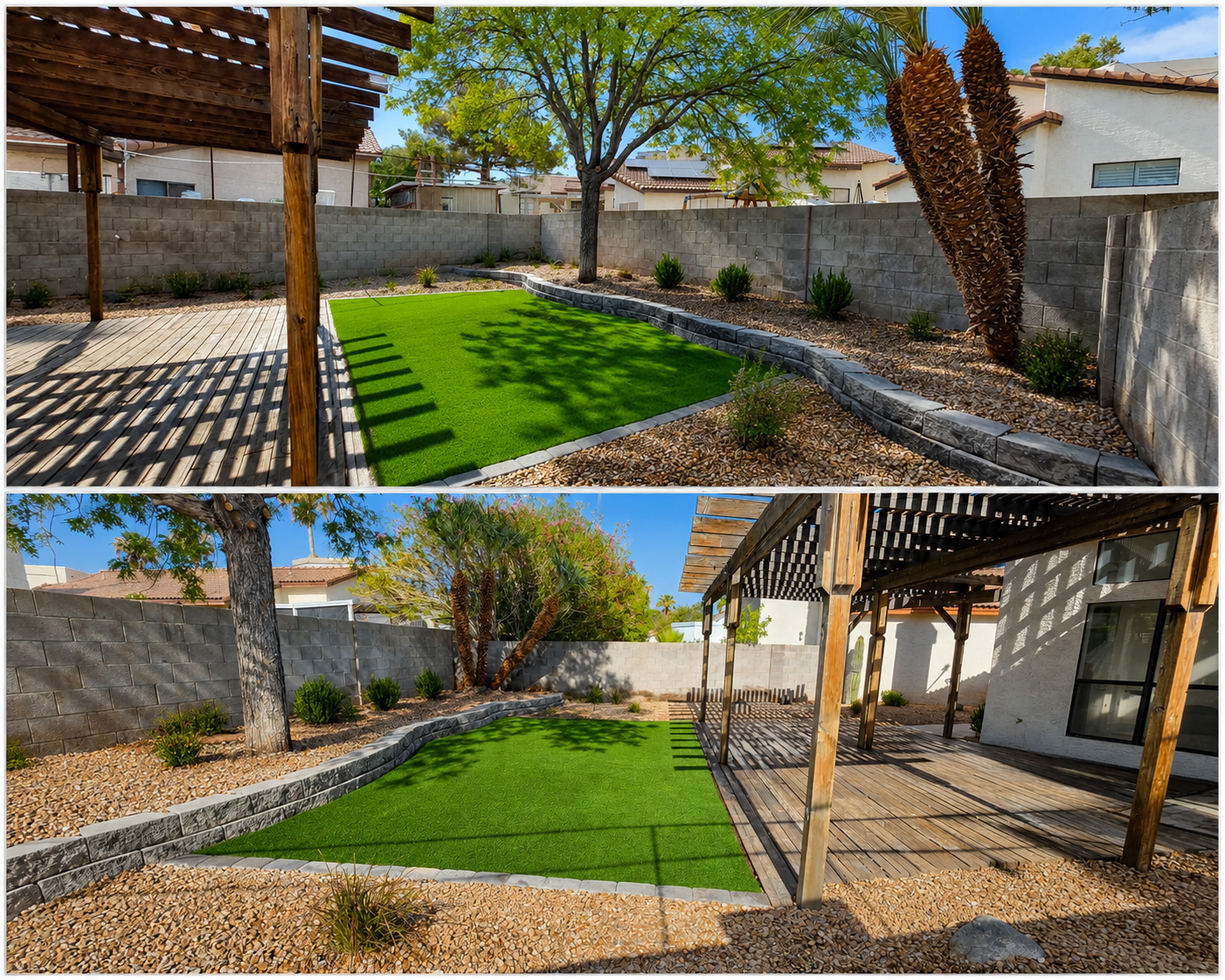 Backyard artificial turf installation with wood pergola and rock border