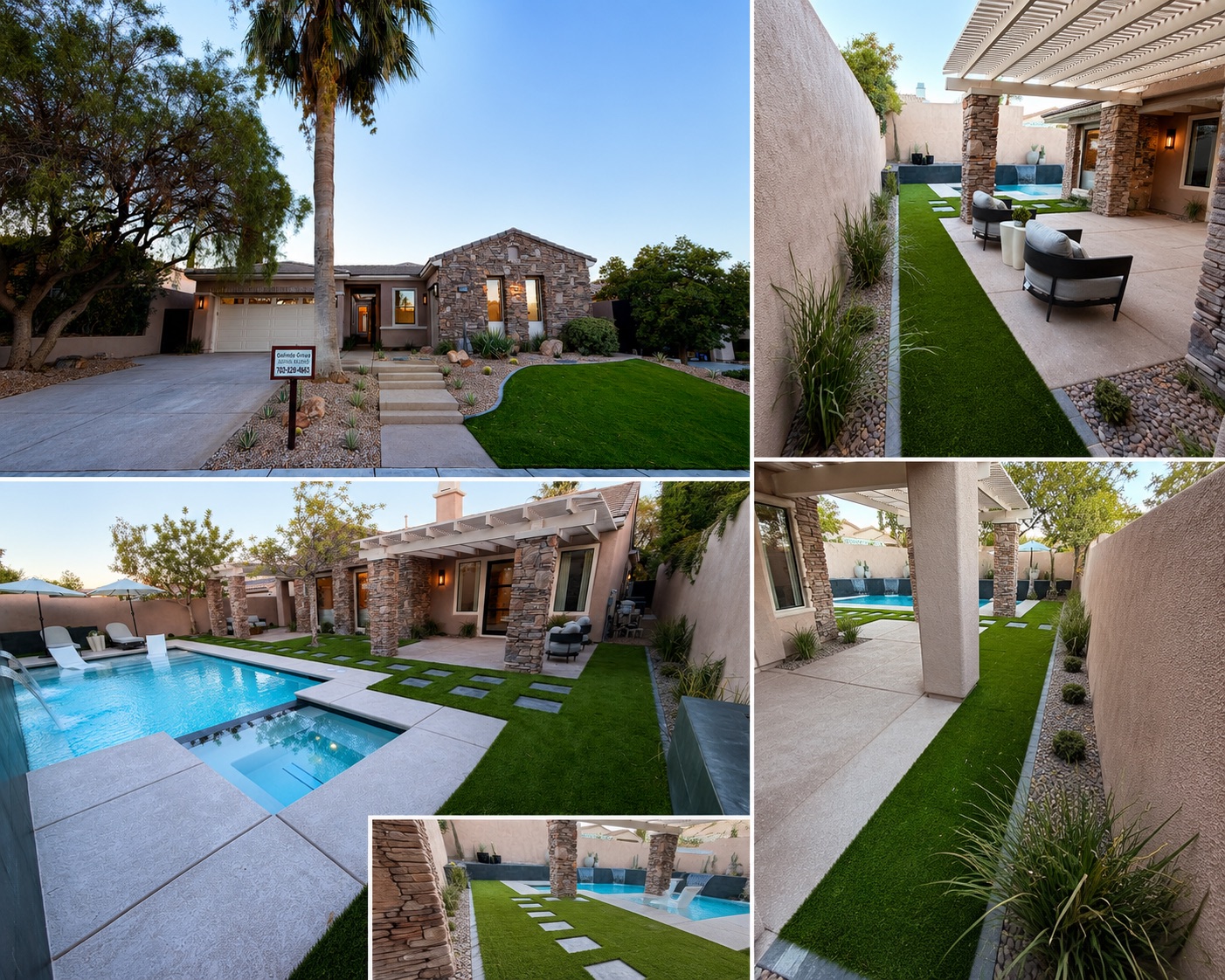 Finished artificial turf, poolside turf, patio, and front yard turf project